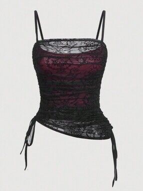 Soly Hux Black Lace-Overlay Burgundy Cami Top